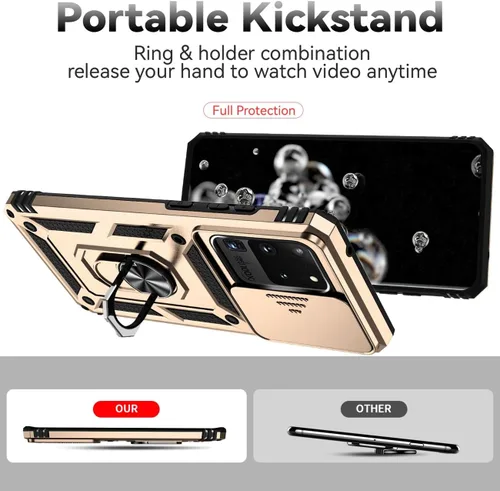 Vista 4 de Funda para Galaxy S20 Ultra/Samsung S20 Ultra SM-G988U con protector de pantalla de vidrio templado y cubierta para cámara deslizante, anillo Oro