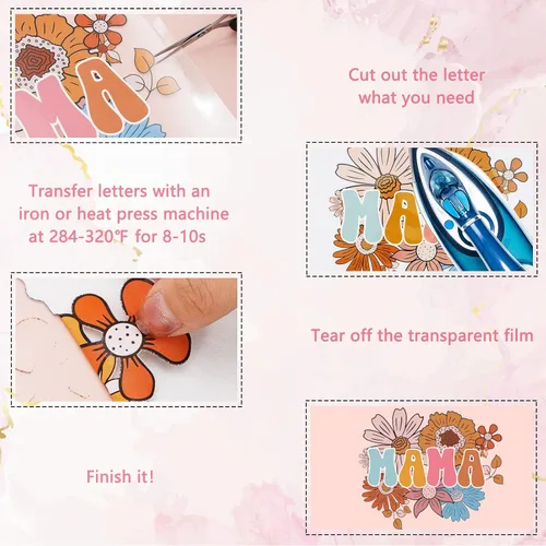 Vista 5 de Whaline 6 hojas de parches para planchar con texto en inglés "Mama Boho, para planchar con estampado de arcoíris, flores, leopardo, mamá", vinilo