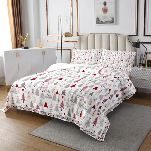 Vista 3 de Manfei Juego de colcha de Navidad para niños, tamaño individual, diseño de pinos de dibujos animados, decoración de habitación de niños y adultos