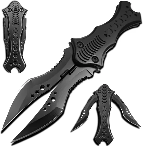 Vista 7 de MADSABRE Cuchillo de bolsillo de doble hoja genial de 8.5", cuchillo plegable de camping con clip y mango de aluminio, herramientas de supervivencia
