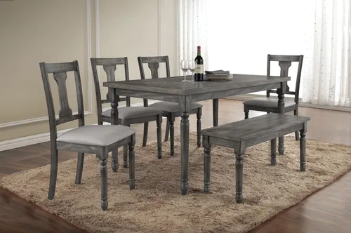 Vista 5 de Mesa de comedor gris desgastada con patas torneadas