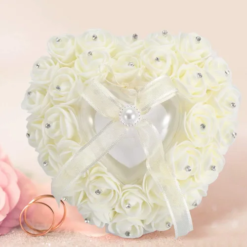 Vista 8 de GOTOTOP Almohada de boda, romántica de encaje de cristal rosa de boda en forma de corazón, cojín con cinta perla ceremonia de boda (blanco lechoso)