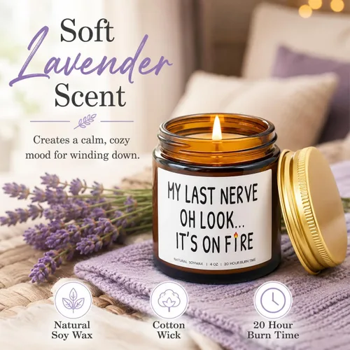 Vista 2 de Velas perfumadas con olor a lavanda My Last Nerve, regalos divertidos de amistad para la mejor amiga, regalos para el Día de la Madre, cumpleaños