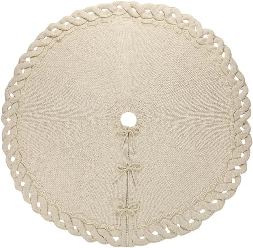 Vista 2 de Sattiyrch Falda de punto para árbol de Navidad – Base clásica de punto trenzado con cierre de lazo – Decoración festiva acogedora para árbol de Beige