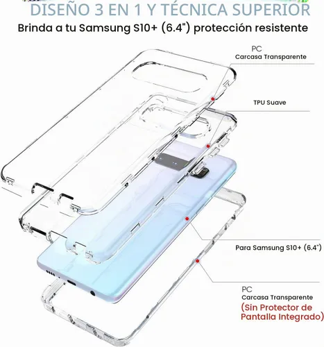 Vista 3 de KIOMY Funda transparente para Samsung Galaxy S10+ / S10 Plus, 3 en 1, a prueba de golpes, funda protectora para teléfono, carcasa de policarbonato