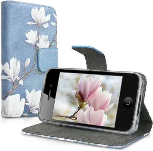 Vista 5 de kwmobile Funda tipo cartera compatible con Apple iPhone 4 y 4S, magnolias gris topo, blanco, azul y gris