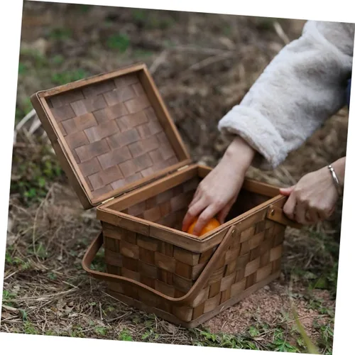 Vista 8 de Cesta de compras de madera, cesta de picnic vintage con tapa, cesta de mimbre de frutas con tapa, cesta de almacenamiento de juguetes, arreglos