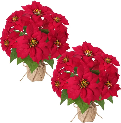 Vista 9 de Mini árbol de Navidad con flores artificiales en maceta, flores de pascua Christmas Tabletop Decoration Mini Christmas Tree Desktop Plants for Home