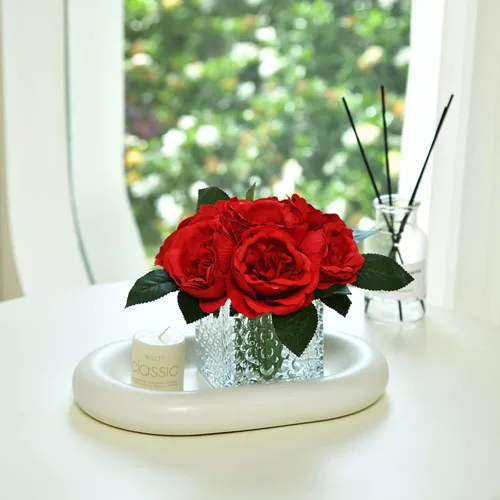 Vista 4 de Ramo de Peonías de Seda Artificial con Centro de Mesa Floral Artificial en Florero de Vidrio para Decoración de Boda en el Hogar (Rojo)