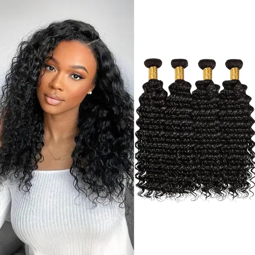 Vista 15 de Manojos de cabello humano ondulado profundo de 12, 14, 16 pulgadas, mechones de cabello humano rizado, tejido de cabello humano 100% sin procesar