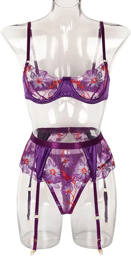 Vista 4 de Conjunto de lencería para mujer, con bordado floral, sexy, 3 piezas, babydoll con liguero