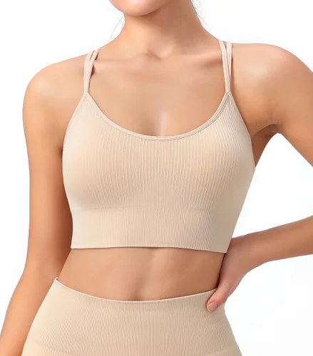 Vista 2 de Brasier deportivo acanalado para mujer, con tirantes acolchados, espalda, perfecto para yoga, entrenamiento y fitness, diseño de bajo impacto y sin