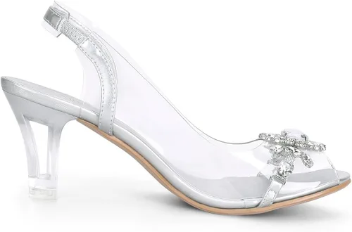 Vista 6 de Allegra K Sandalias de tacón con punta abierta y diamantes de imitación transparentes para mujer