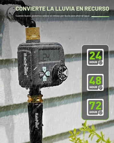 Vista 6 de RAINPOINT Temporizador de aspersor con 3 programas diferentes, temporizador de manguera impermeable, entrada de latón con retardo de lluvia, sistema