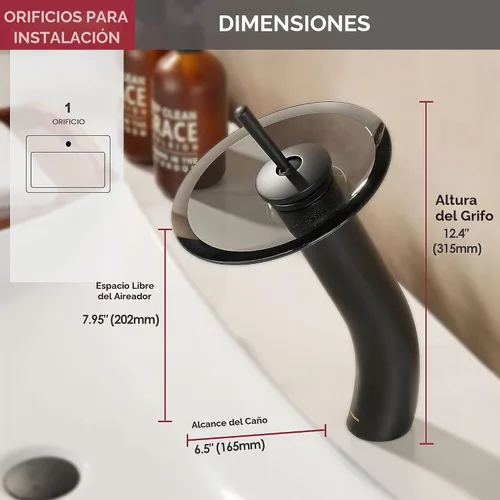 Vista 2 de Grifo de Baño de Cascada de Vidrio con Mango Único de Latón Macizo para Lavabo Lavatorio Vessel Sink Vanity, Alto, Negro