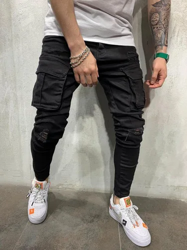 Vista 2 de LONGBIDA - Jeans para hombre, de tiro ajustado, con roto y desgastados