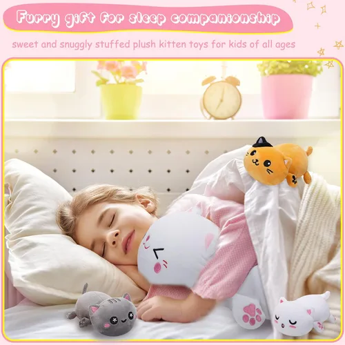 Vista 7 de Libima 5 piezas de animales de peluche de gato de Navidad con bebés dentro del vientre, 1 gato de peluche mamá con 4 gatitos juguetes de peluche