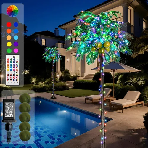 Vista 16 de Ledido - Palmera artificial iluminada de 5 pies, colorida con 3 cocos, 144 luces LED, para exteriores, con control remoto, impermeable, regulable