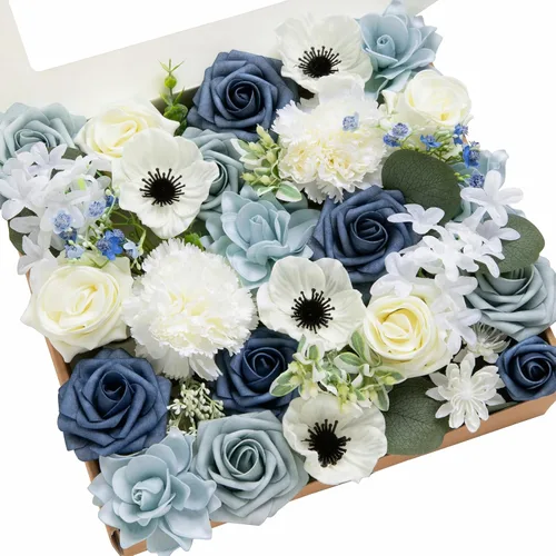 Vista 30 de Ling's moment Caja de flores artificiales, tallos de follaje artificial falso, rosas de espuma, dalia de seda, hierba de pampas, flor de tela