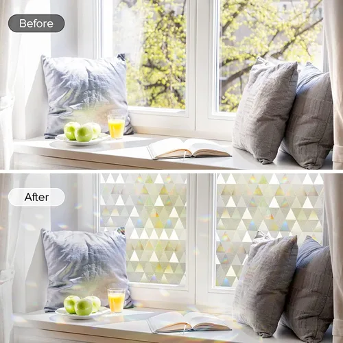 Vista 19 de rabbitgoo - Película de privacidad para ventanas con diseño de arco iris y vidrio manchado, patrón de diamante, calcomanía no adhesiva con tinte