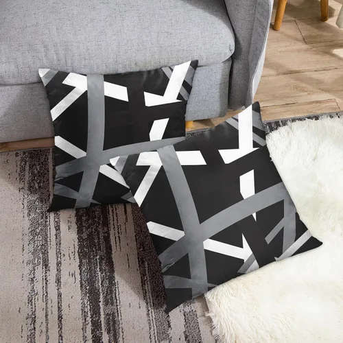 Vista 4 de Emvency Juego de 2 fundas de almohada decorativas retro con diseño de rayas grises y negras, para decoración del hogar, cuadradas, 16 x 16 pulgadas
