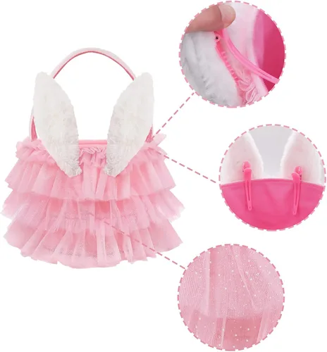 Vista 4 de Bunny Chorus Canasta de Pascua tutú, tul brillante con volantes rosados con orejas de conejo, regalos de fiesta temática de Pascua, regalos