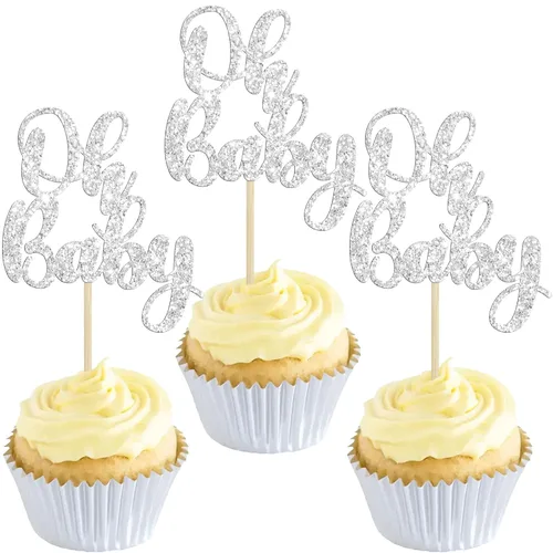 Vista 9 de Gyufise 36 piezas Adornos para cupcakes Oh Baby con moño azul y rosa, brillante dorado, adornos para cupcakes de baby shower, adornos para cupcakes