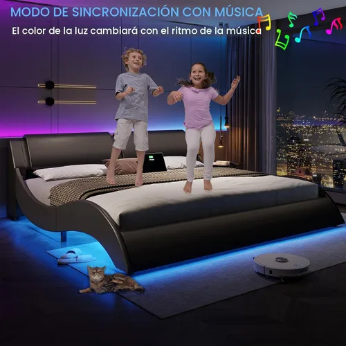 Vista 5 de DICTAC Base de cama King con puertos de carga y cabecero, base de cama de plataforma tamaño King con luces LED onduladas como curvas, soporte