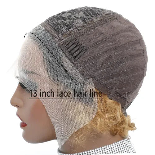Vista 4 de INSTASTYLE Pelucas rubias degradadas con encaje frontal de 6 pulgadas, cabello humano de 13 x 1, corte Pixie, pelucas cortas rizadas de encaje HD