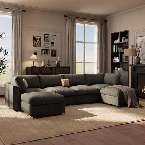 Vista 14 de Sofá modular Cloud de 100 pulgadas con reposabrazos curvo, moderno sofá modular con otomana de almacenamiento, cómodo sofá de nube de gran