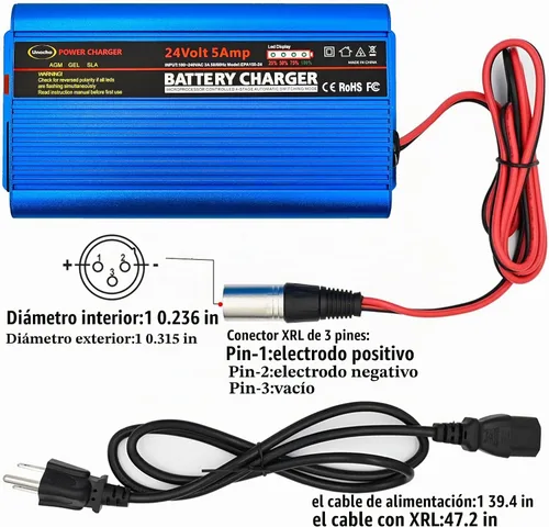 Vista 3 de Unocho Cargador de batería de 24V 5A Cargador inteligente de plomo-ácido de 4 etapas con conector XLR de 3 pines Interruptor de alimentación