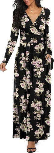 Vista 35 de LILBETTER - Vestido largo de manga larga, cuello en V profundo, holgado, liso y casual para mujer Verde militar