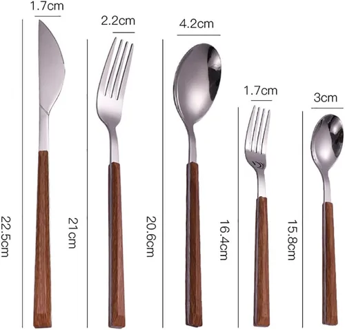 Vista 8 de Juego de cubiertos de madera para 6 cubiertos de acero inoxidable de alta calidad, 30 piezas de cubiertos de madera delicados para el hogar, cocina
