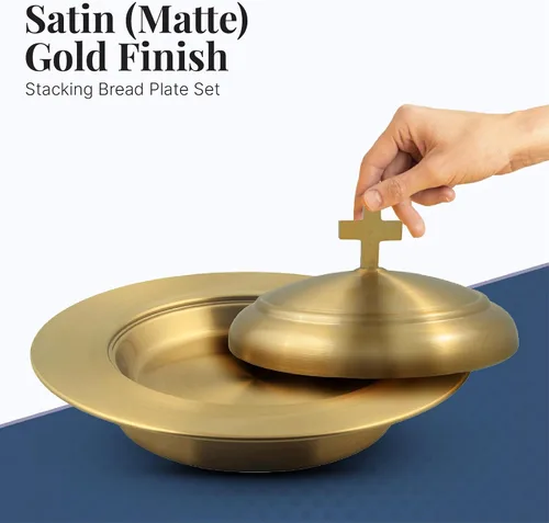 Vista 6 de Communion Ware - Bandeja para servir vino santo con tapa y un plato de pan apilable con tapa, acero inoxidable (latón/dorado)