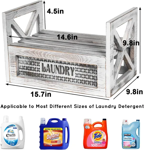 Vista 2 de Soporte para detergente para ropa con bandeja de goteo, decoración de madera para cuarto de servicio de granja, accesorios rústicos