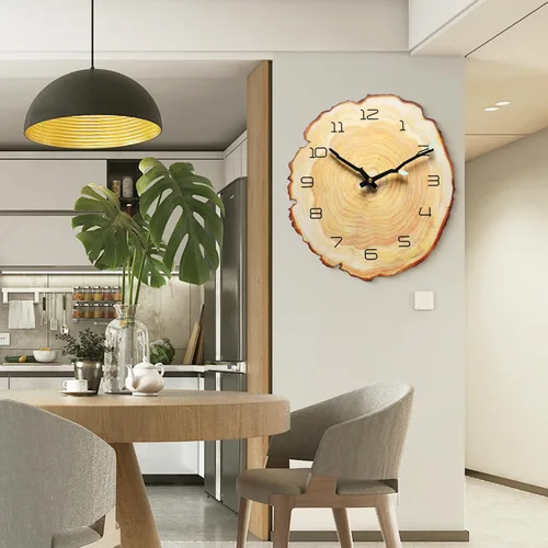 Vista 6 de Reloj de pared anual de 12 pulgadas, reloj de tocón de grano de madera con números arábigos, funciona con pilas, movimiento de cuarzo silencioso