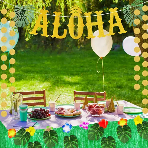 Vista 5 de 22 piezas de falda de mesa de hierba hawaiana Aloha decoración de fiesta que incluye pancarta de Aloha brillante hojas verdes tropicales y falda