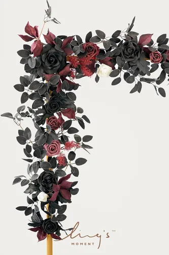 Vista 4 de Ling's Moment Guirnalda de Flores Artificiales Negra Burdeos de 5 Pies, Hojas de Rosas Falsas, Guirnalda Floral, Flores de Arco, Enredadera
