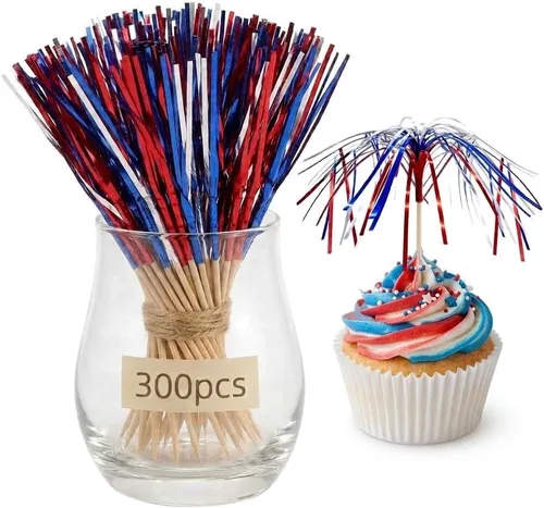 Vista 13 de 300 púas de cóctel de bandera estadounidense, brochetas de bambú de estrella de 4.7 pulgadas para aperitivos de frutas, suministros de fiesta