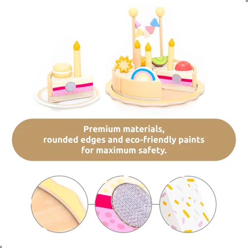 Vista 2 de UMU® Juego de pastel de cumpleaños de madera, juguete de cocina con velas, números, frutas y coberturas, comida de madera para niños de 3, 4, 5
