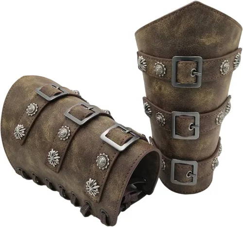 Vista 9 de Brazaletes medievales con hebilla, cinturón de cuero para adultos, pulsera de guantelete vikingo, armadura de brazo, armadura punk, gótico, disfraz