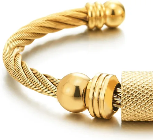 Vista 4 de Brazalete de acero trenzado para hombres y mujeres con abalorios de cuentas, pulido ajustable Color del metal: oro