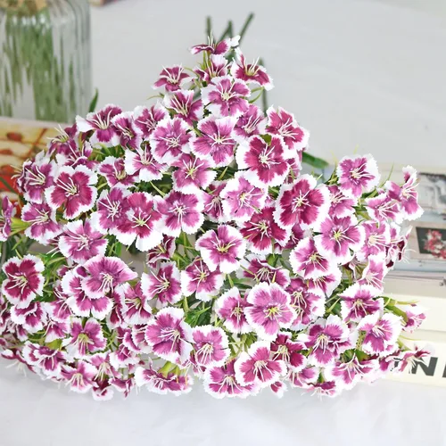 Vista 4 de Htmeing 5 flores artificiales de seda de Dianthus con tallo para arreglos de boda, centro de mesa, fiesta, decoración del hogar y cocina (morado)