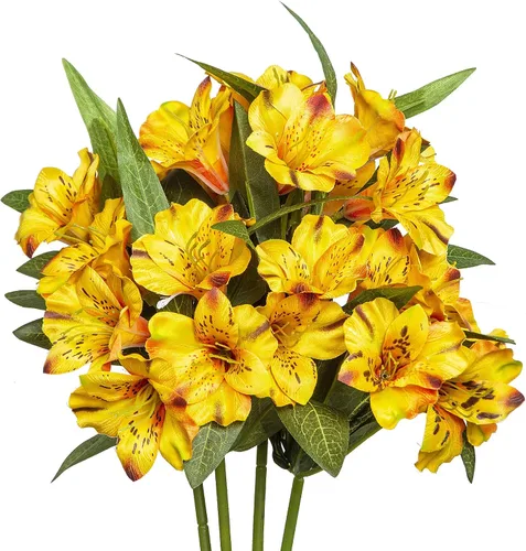 Vista 8 de Grand Verde Alstroemeria - Flores artificiales de 18 pulgadas de largo, ramo de pétalos de seda, decoración de boda, manualidades, centro de mesa