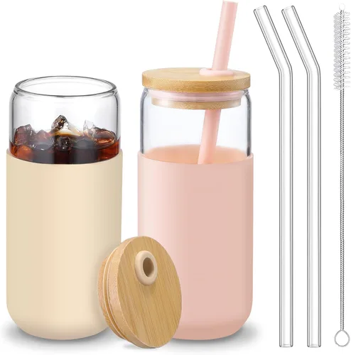 Vista 10 de Vaso de agua de vidrio de 20 onzas con funda protectora de silicona - Vasos de vidrio tipo lata de cerveza con pajita y tapa de bambú, vasos