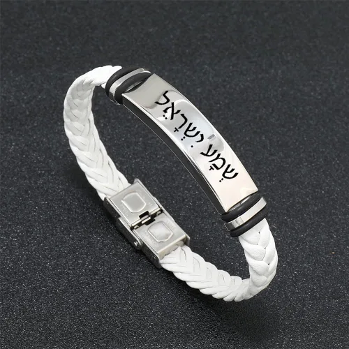 Vista 3 de ZKXXJ Shema Israel - Pulsera de oración para hombres y mujeres, pulsera de cuero trenzado de acero inoxidable con bendición judía hebrea Sh'ma Shema
