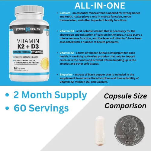 Vista 3 de Vitamina K2 D3 con calcio y bioperina, vitamina K2 (MK7) con suplemento D3 sin OMG, vitamina D3, vitamina K2 MK-7 fácil de tragar vitamina D