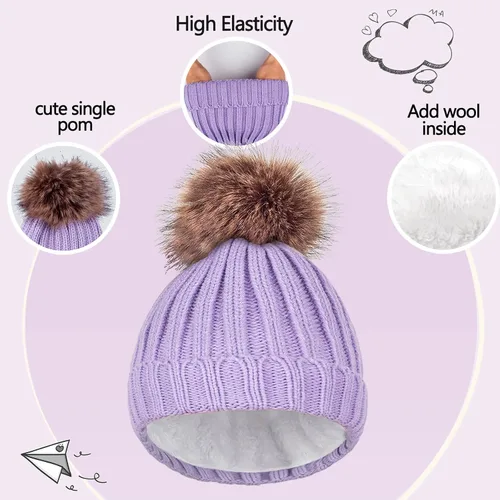 Vista 2 de Conjunto de bufanda y guantes de punto de invierno para niños y niñas con pompón