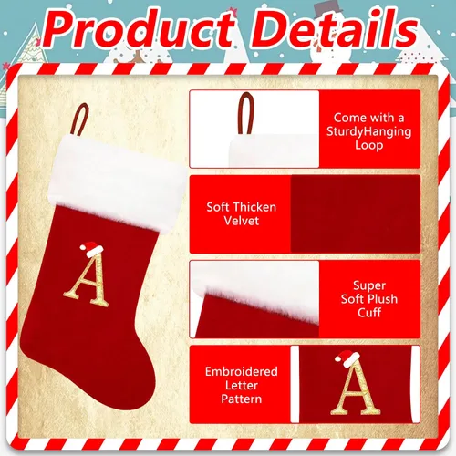Vista 3 de Calcetines de Navidad bordados de 20 pulgadas con monograma, terciopelo negro con puño de felpa blanca supersuave, adornos clásicos para decoración