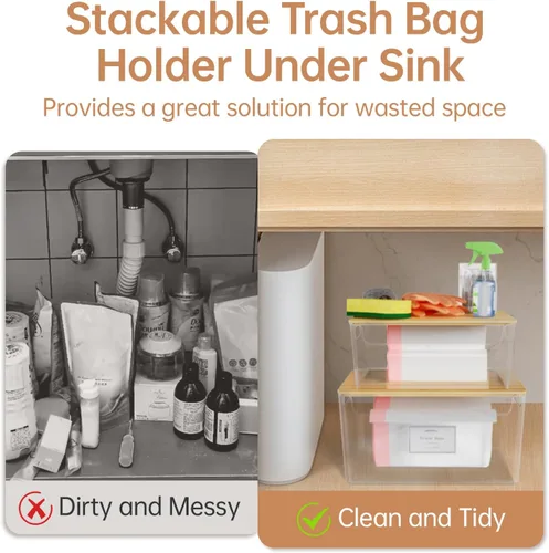 Vista 5 de COAZEX Paquete de 2 soportes para bolsas de basura apilables debajo del fregadero, dispensador de basura de plástico con tapa, dispensador